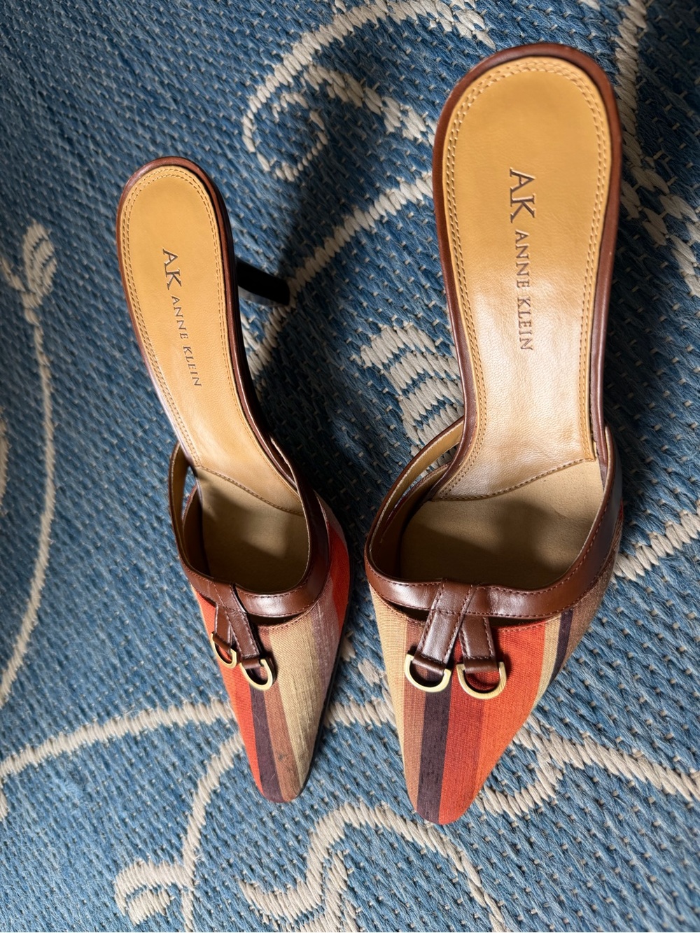 Anne Klein Striped Pointed-Toe Slip-On Mules in Red, Orange, Brown